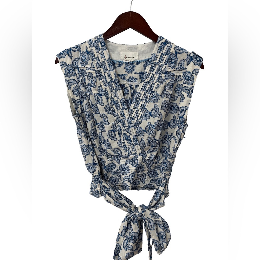 Anthropologie Blue Floral Tie Blouse Cottagecore Boho